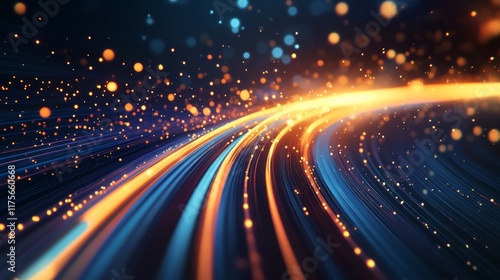 Abstract glowing orange and blue light trails with bokeh effects.