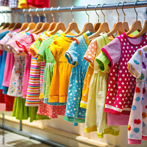 Children bright clothes hang on the display in the baby clothing store Girls section