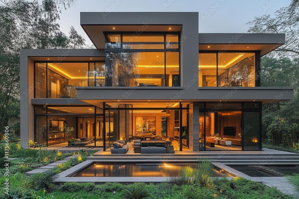 Fototapeta premium striking exterior view of a luxury villa showcasing modern architecture with expansive windows and lush landscaping embodying elegance and highend living
