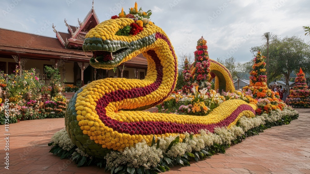 Fototapeta premium Snake Sculpture Made of Floral Arrangements Display