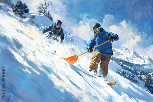 Rescuers navigate snowy mountains with gear and teamwork. Search and rescue operation Avalanche. AI generated image