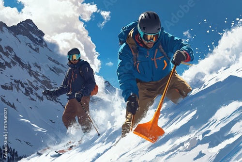 Rescuers navigate snowy mountains with gear and teamwork. Search and rescue operation Avalanche. AI generated image