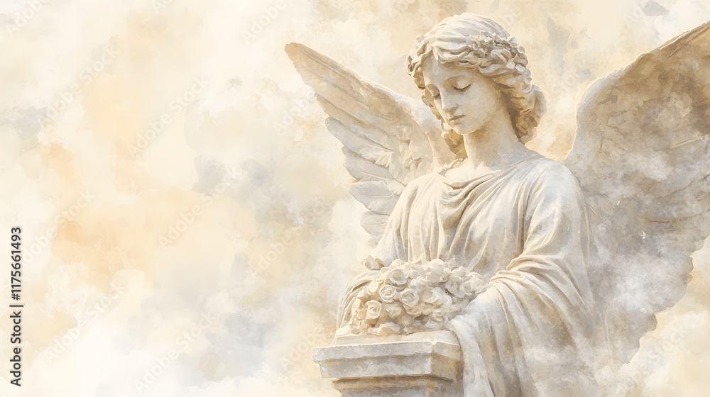 Obraz premium Serene Angel Statue Holding Flowers Watercolor Painting