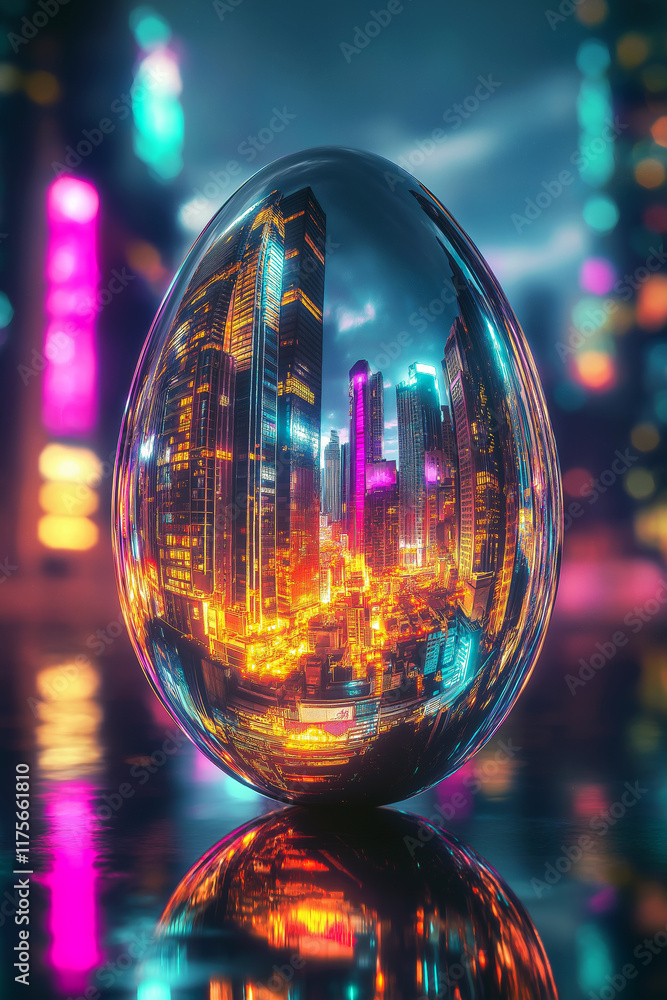 Vertical shot of a futuristic Easter egg with a metallic chrome surface reflecting a cyberpunk cityscape, neon lights glowing in the reflections.