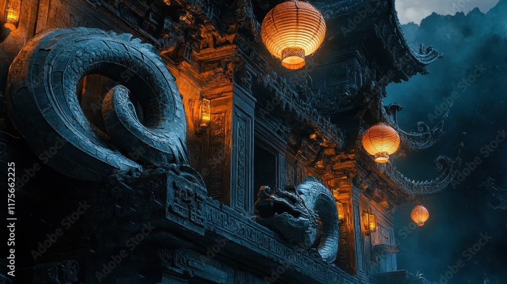 Fototapeta premium Serpentine Architecture with Lanterns and Mystical Details
