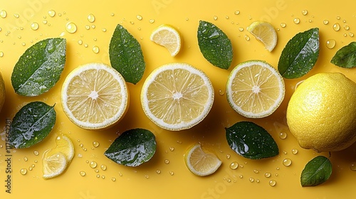 Fresh lemons, slices, leaves, water drops on yellow background. photo