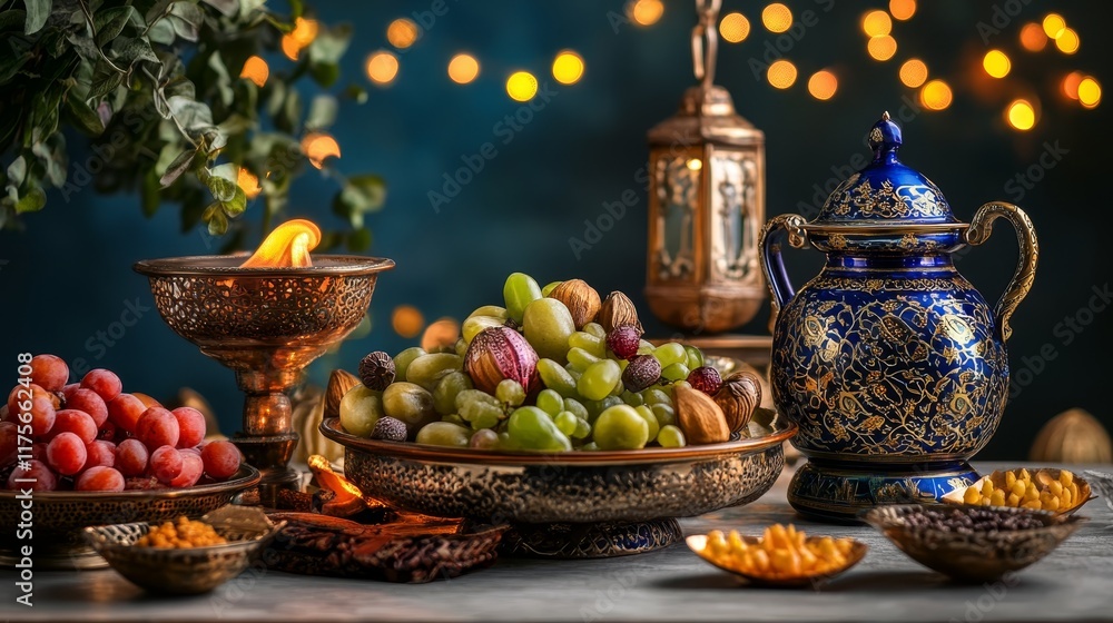 Fototapeta premium A vibrant display of fruits and nuts in ornate dishes, evoking a festive atmosphere.
