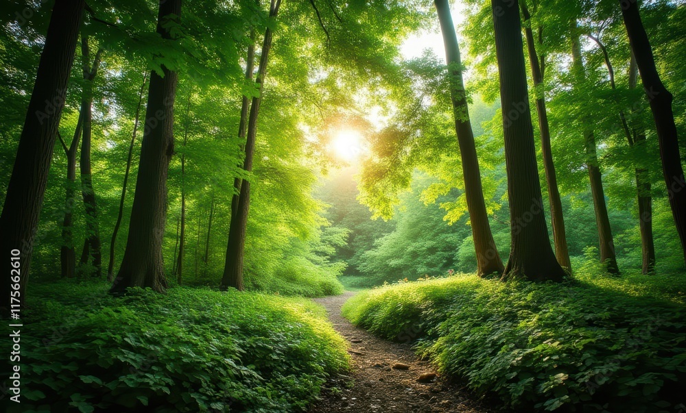 Serene forest path with sunlight Serene forest path with sunlight