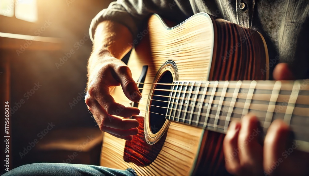Fototapeta premium Close-up of hands strumming an acoustic guitar in warm light
