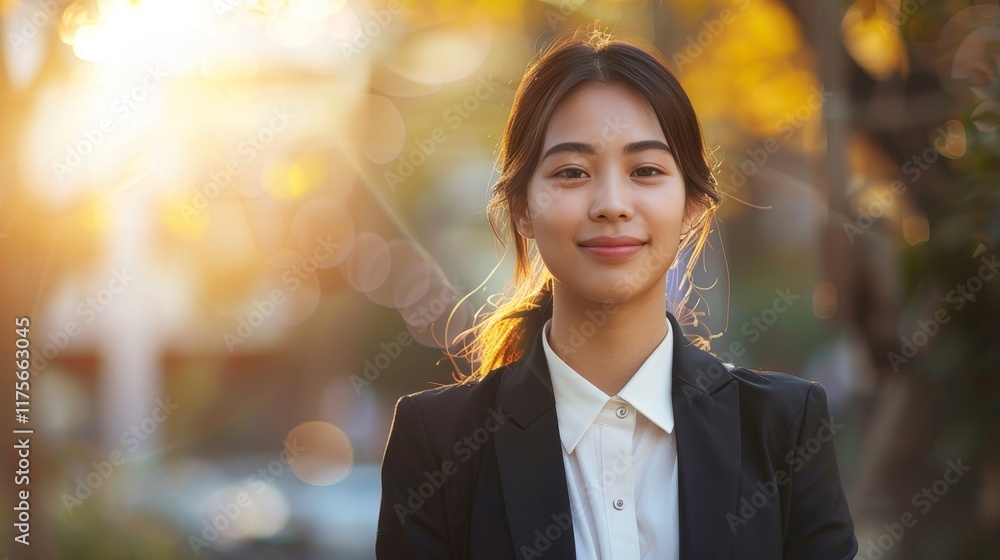 Charming young japanese woman in professional attire exuding confidence and warmth in soft lighting Charming young japanese woman in professional attire exuding confidence and warmth in soft lighting