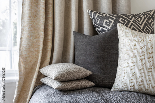 Decorative pillows and elegant curtains adorn a cozy living space highlighting modern interior design elements