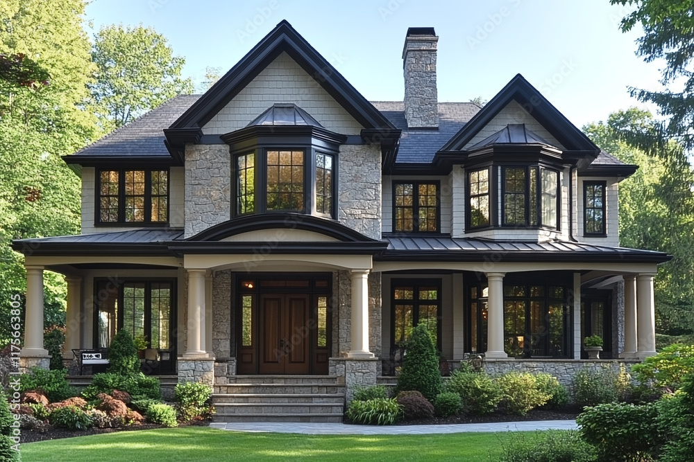 Elegant Stone and Shingle Home with Black Trim Elegant Stone and Shingle Home with Black Trim