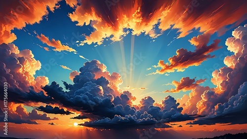 Wallpaper Mural Dramatic sunset sky with vibrant orange and blue clouds, sun rays bursting through, creating a breathtaking, awe-inspiring scene. Torontodigital.ca