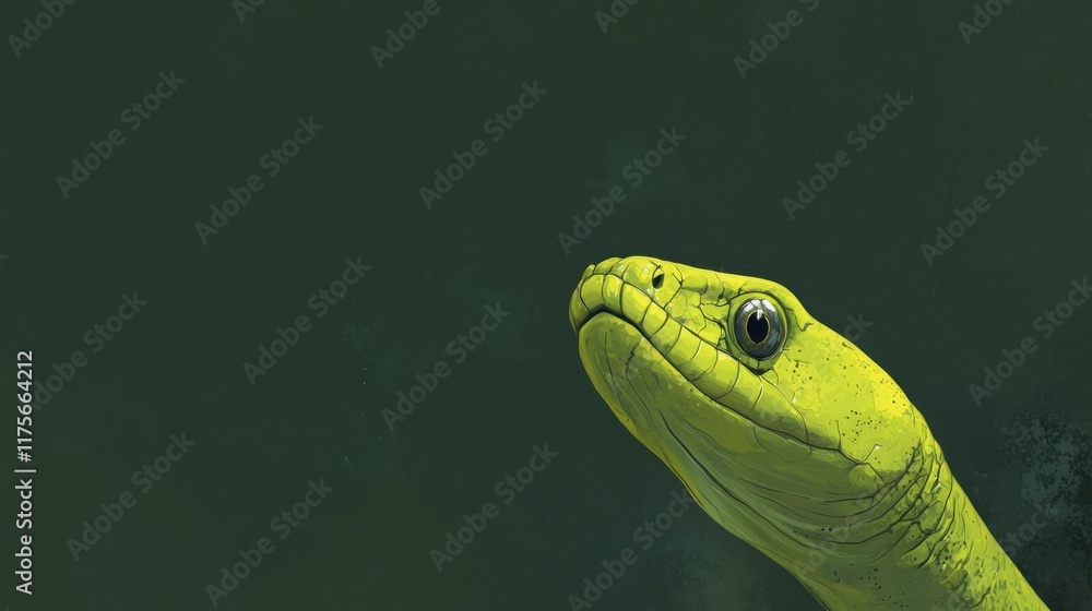 Fototapeta premium Close-up of a vibrant green snake's head against a dark background.