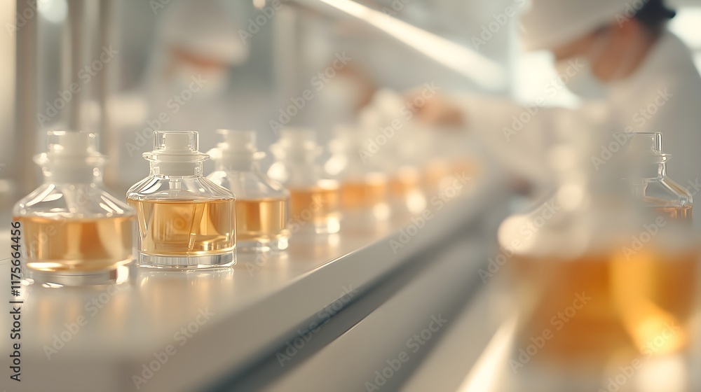 Laboratory perfume production with yellow fragrances in modern facility, suitable for cosmetic industry marketing, scientific content, manufacturing processes, corporate presentations, business Laboratory perfume production with yellow fragrances in modern facility, suitable for cosmetic industry marketing, scientific content, manufacturing processes, corporate presentations, business
