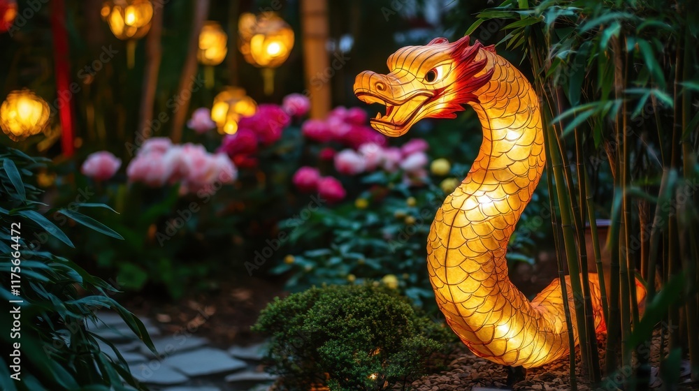 Glowing Snake Lantern in a Garden Setting Glowing Snake Lantern in a Garden Setting