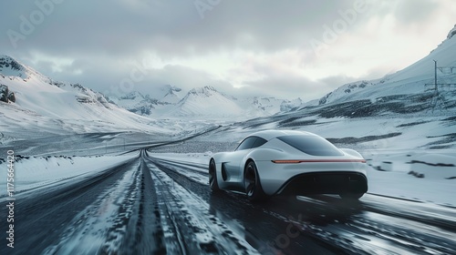 Among snow-capped hills and mountains, a futuristic electric vehicle travels on a winter highway. Future technologies for transportation. novel technologies, Generative AI.
