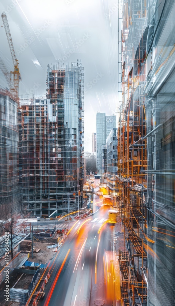 Fototapeta premium Dynamic construction scene blurred urban background showcasing ongoing building development