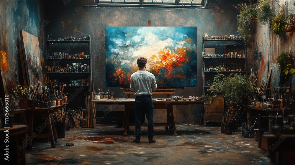 Vibrant Creation in a Dim Studio, an artist immersed in color, surrounded by scattered brushes and a lively canvas. Vibrant Creation in a Dim Studio, an artist immersed in color, surrounded by scattered brushes and a lively canvas.