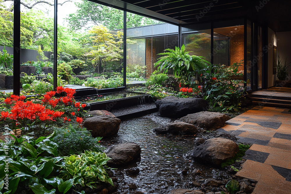 Indoor Zen Garden Water Feature with Lush Greenery Indoor Zen Garden Water Feature with Lush Greenery