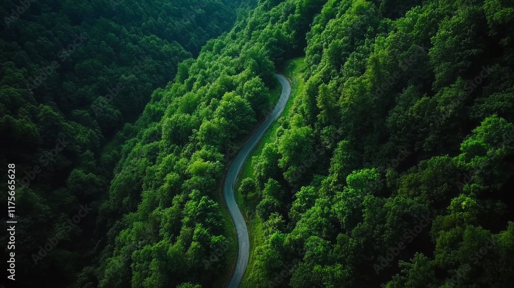 Winding road through lush, green forest from above. Winding road through lush, green forest from above.