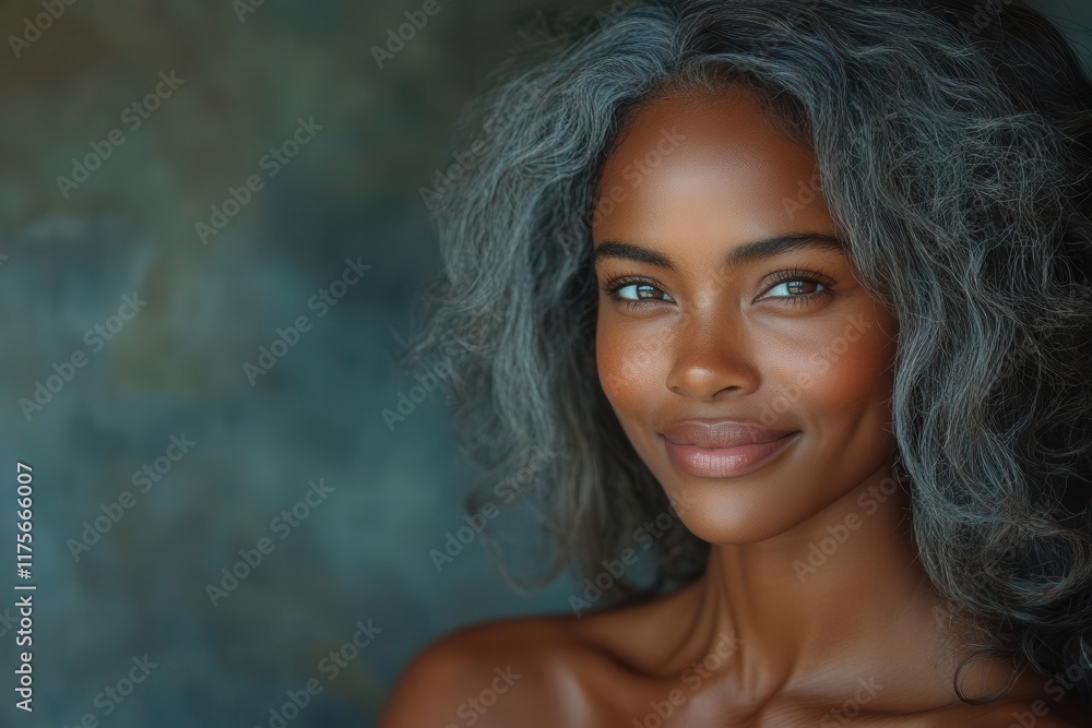 stunning portrait of a beautiful black woman exuding confidence showcasing her smooth skin and long gray hair smiling warmly in a beauty advertisement highlighting skincare stunning portrait of a beautiful black woman exuding confidence showcasing her smooth skin and long gray hair smiling warmly in a beauty advertisement highlighting skincare