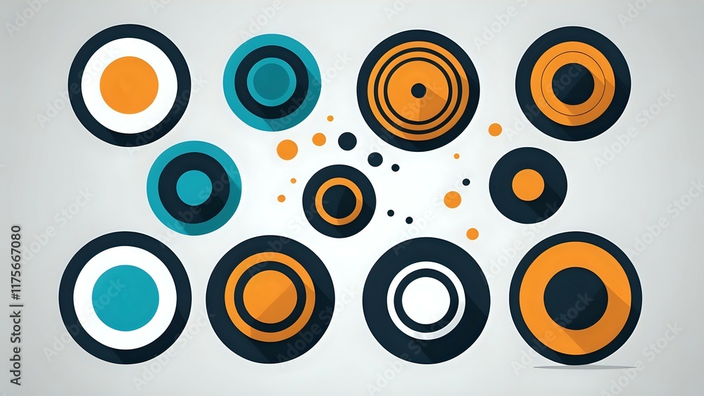 Abstract geometric design with concentric circles in teal, orange, and dark grey, perfect for backgrounds, presentations, or website design. Abstract geometric design with concentric circles in teal, orange, and dark grey, perfect for backgrounds, presentations, or website design.