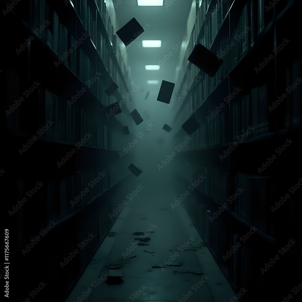 A dimly lit, foggy library corridor with bookshelves on both sides, creating a sense of depth and mystery. A dimly lit, foggy library corridor with bookshelves on both sides, creating a sense of depth and mystery.