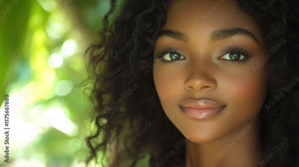 A close-up portrait of a young woman with curly hair against a blurred green background. A close-up portrait of a young woman with curly hair against a blurred green background.