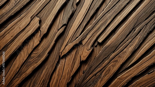 Striking diagonal arrangement of dark brown, rustic wood planks, showcasing rich texture and natural grain patterns. Ideal for background or design element.