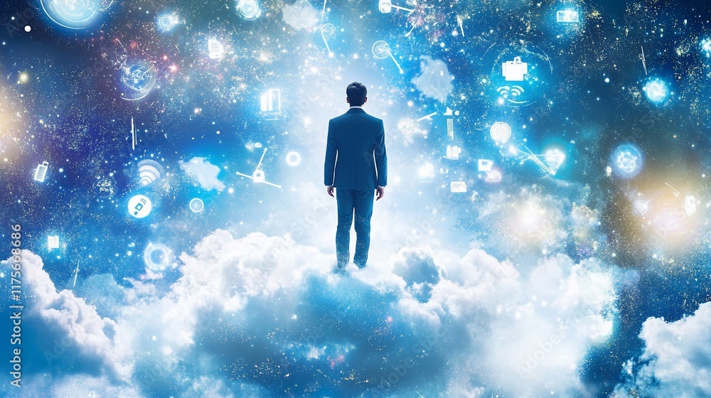 A figure stands on clouds amidst digital icons representing technology and innovation. A figure stands on clouds amidst digital icons representing technology and innovation.