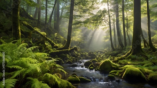 Sunbeams in Misty Forest Stream  Mossy Rocks  Lush Green Ferns