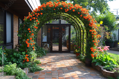 Orange Flowers Arching Over Brick Pathway Entrance