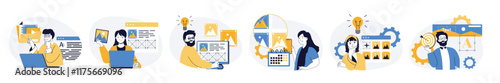 Content manager concept set in flat web design. Collection with people filling sites with images, making posts in online blog, making creative strategy. Vector illustrations on white background.