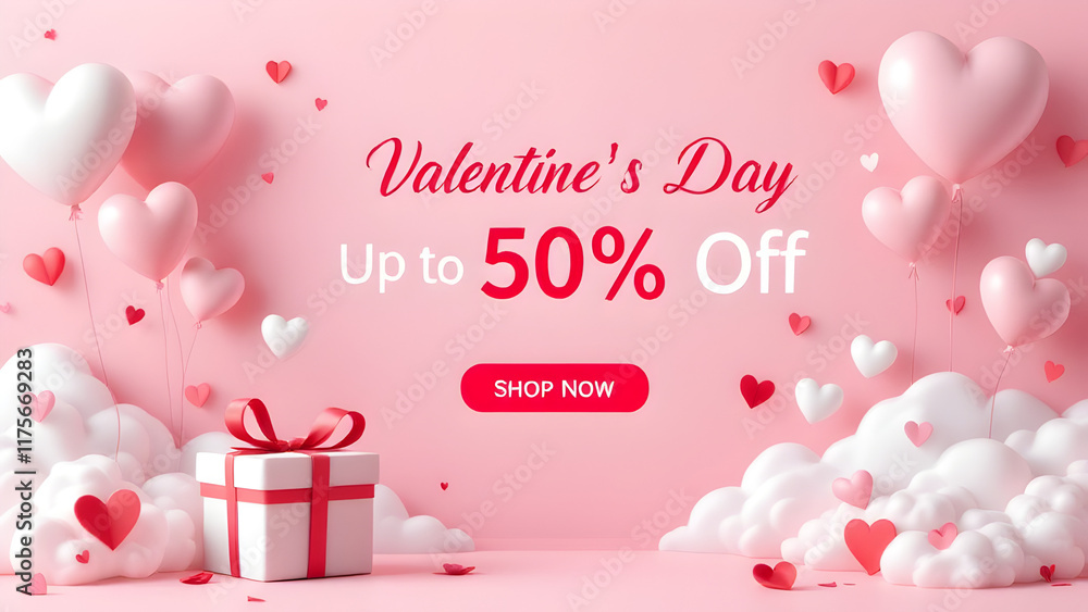 Fototapeta premium Valentine's Day banner with a pink gradient background featuring 3D paper-style heart balloons, a gift box with a red ribbon, fluffy clouds, and bold text 'Up to 50% Off.' A festive, romantic design w