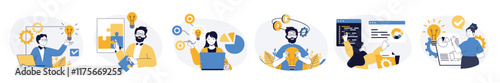 Creative business concept set in flat web design. Collection with people thinking, finding solutions, brainstorming and researching for company development. Vector illustrations on white background.