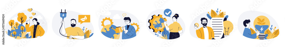Green sustainable environment concept set in flat web design. Collection with people take care about nature and planet, using eco clean renewable resource. Vector illustrations on white background. Green sustainable environment concept set in flat web design. Collection with people take care about nature and planet, using eco clean renewable resource. Vector illustrations on white background.