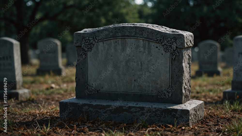 Fototapeta premium Gravestone on graveyard. Death, funeral and lost concept. Eternal rest idea.
