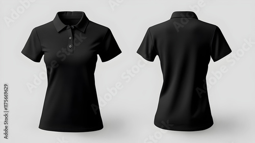Black color women Polo t-shirt blank template front and back view isolated on gray background