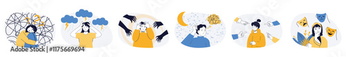 Mental health problem concept set in flat web design. Collection with people feeling negative emotions and stress with nervous trouble, suffering depression. Vector illustrations on white background.