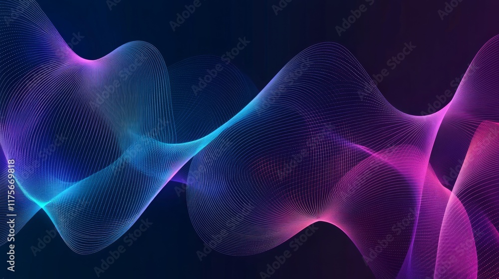 Fototapeta premium Abstract wavy lines in blue, pink, and purple flowing on dark background.