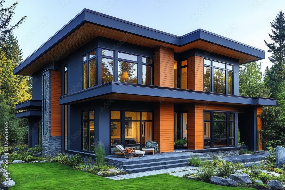 stylish exterior view of a home featuring picture windows and vinyl siding capturing a contemporary architectural design set against a clear sky stylish exterior view of a home featuring picture windows and vinyl siding capturing a contemporary architectural design set against a clear sky