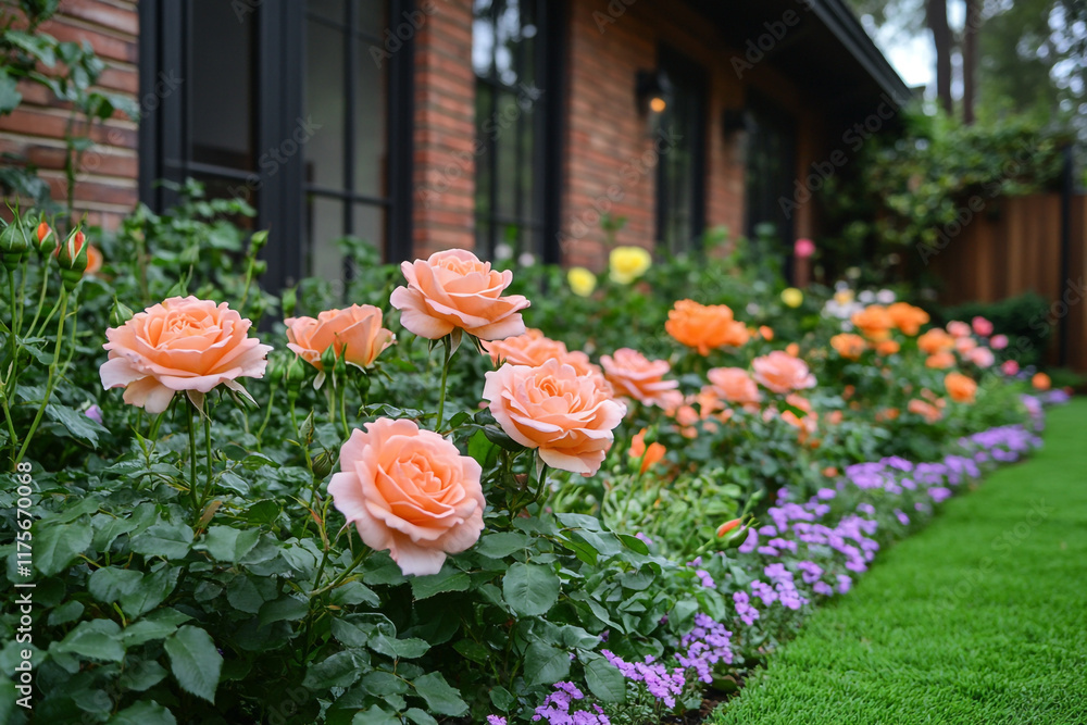 Fototapeta premium Peach Roses Blooming Along Brick House Garden Border