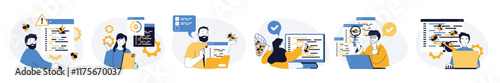 Software testing concept set in flat web design. Collection with people searching bugs in program code, fixing mistakes, doing report of quality assurance. Vector illustrations on white background.
