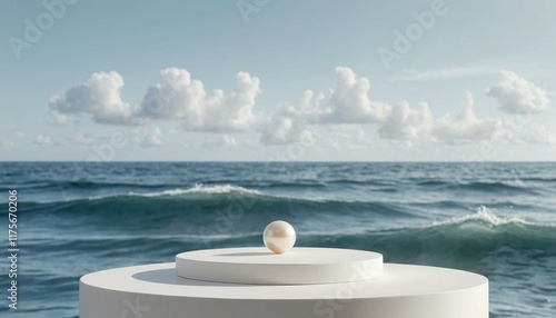 Wallpaper Mural Small single pearl white circular podium on a serene ocean wave background Torontodigital.ca