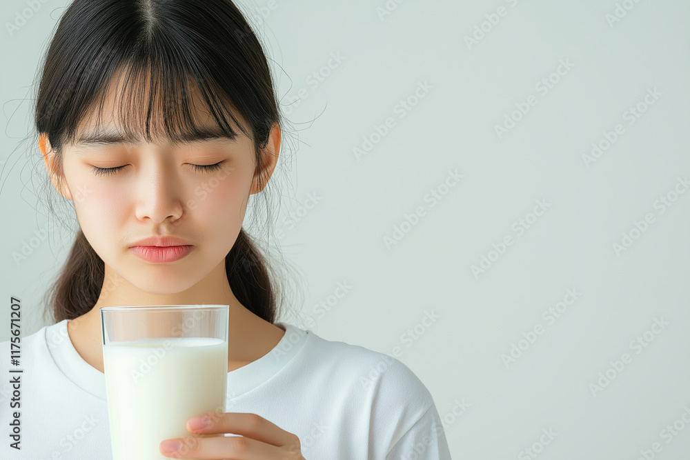 Asian young woman holding a glass of milk with eyes closed in serene, minimalistic setting Asian young woman holding a glass of milk with eyes closed in serene, minimalistic setting
