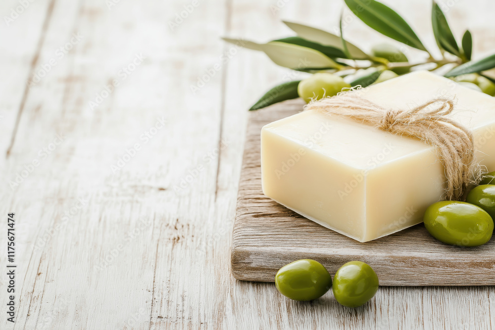 Natural olive soap on rustic wooden board with green olives and leaves Natural olive soap on rustic wooden board with green olives and leaves