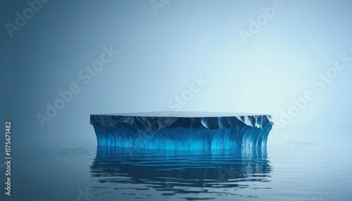 Small single slim azure blue podium with soft lighting on a rippled water reflection texture photo