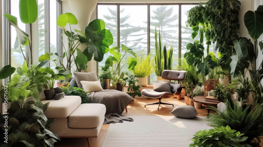 A Lush Tropical Living Room with Abundant Plants