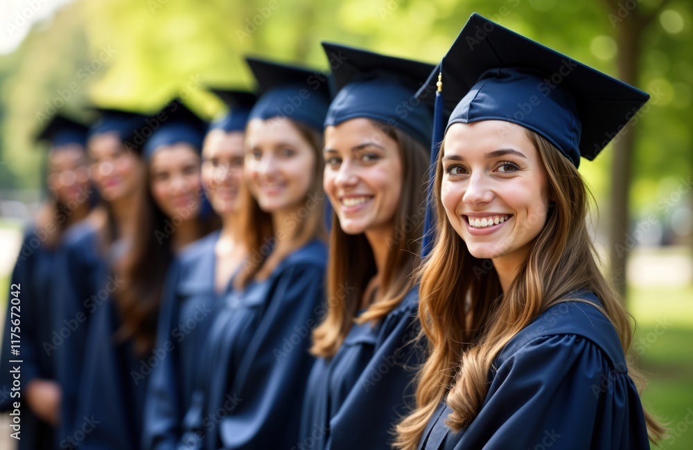 Group of smiling graduates in graduation gowns, mortarboards. Proud students celebrate academic success outdoors. Multiracial, happy together. International students on campus. Young people at Group of smiling graduates in graduation gowns, mortarboards. Proud students celebrate academic success outdoors. Multiracial, happy together. International students on campus. Young people at